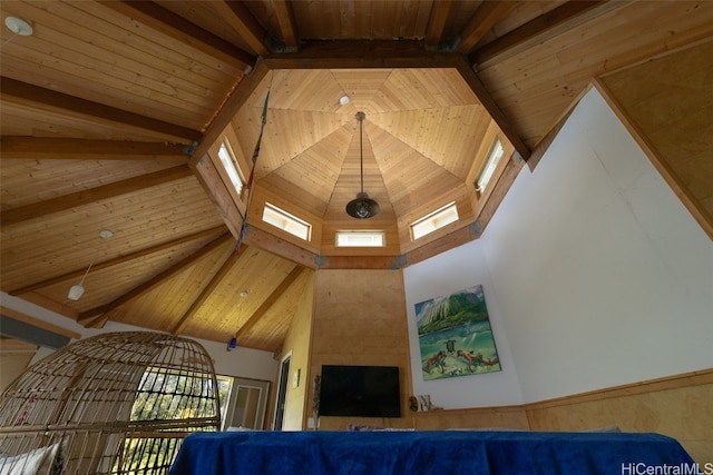 details with beamed ceiling, wooden walls, and wooden ceiling