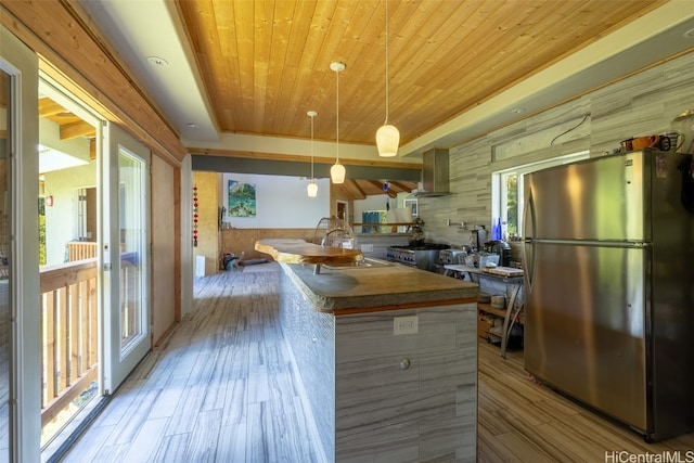 kitchen with light hardwood / wood-style flooring, stainless steel appliances, hanging light fixtures, and a wealth of natural light