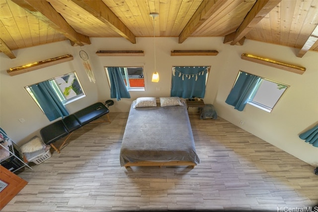 interior space featuring vaulted ceiling with beams, light hardwood / wood-style flooring, and wooden ceiling