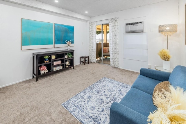 living room with carpet flooring and a wall mounted AC