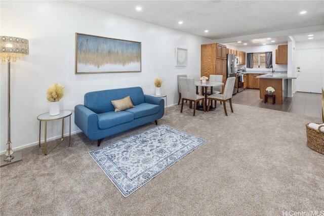 carpeted living room with sink and a textured ceiling