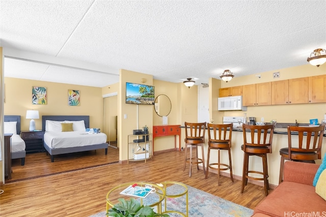 living room with a textured ceiling and light hardwood / wood-style floors