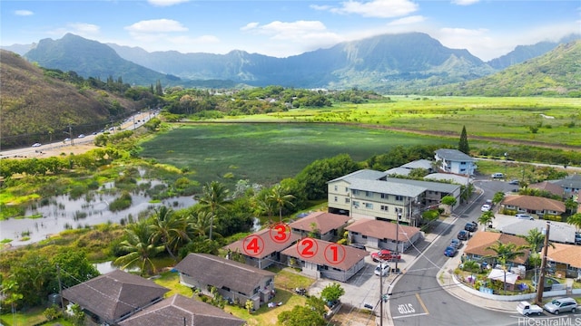 birds eye view of property with a mountain view