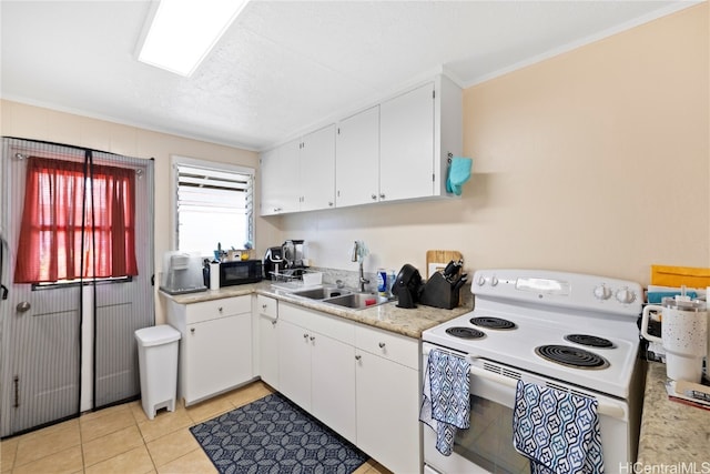 kitchen featuring ornamental molding, white range with electric stovetop, sink, light tile patterned flooring, and white cabinets