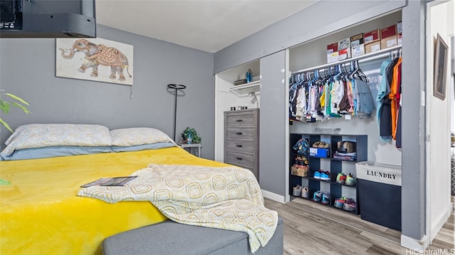 bedroom with wood-type flooring and a closet