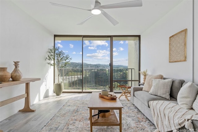 living room with light hardwood / wood-style floors, a healthy amount of sunlight, and a wall of windows