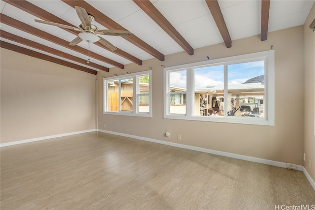 unfurnished room featuring vaulted ceiling with beams, ceiling fan, and light wood-type flooring