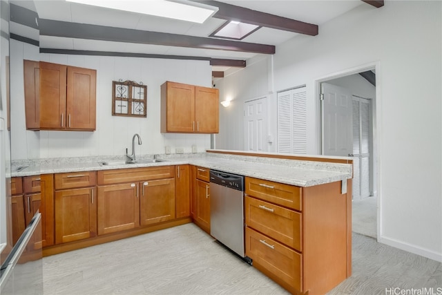 kitchen featuring kitchen peninsula, stainless steel dishwasher, light colored carpet, sink, and vaulted ceiling with beams