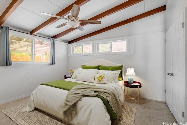 bedroom featuring light carpet, vaulted ceiling with beams, and ceiling fan