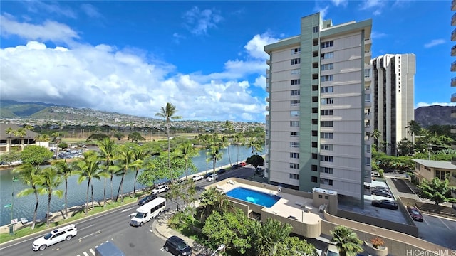 exterior space with a water view