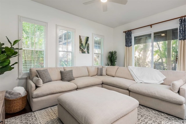 living room featuring ceiling fan