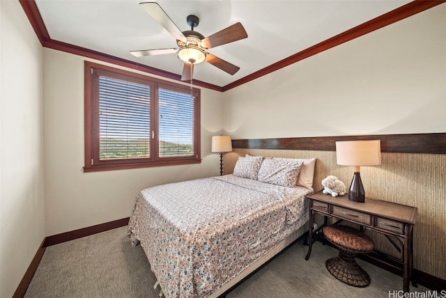 bedroom with light carpet, ceiling fan, and crown molding