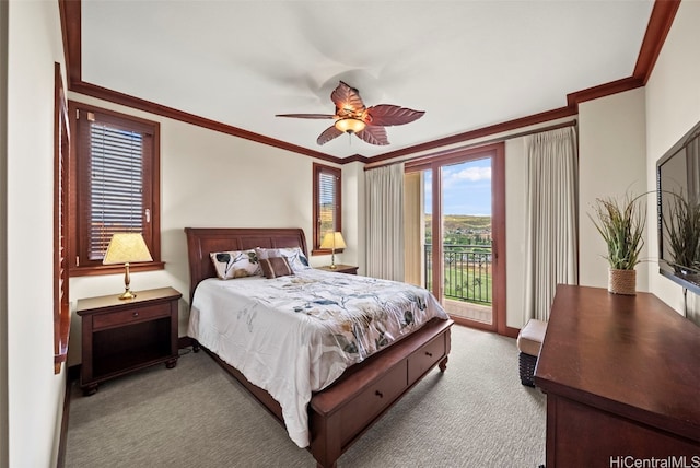 bedroom with access to outside, ceiling fan, light colored carpet, and ornamental molding