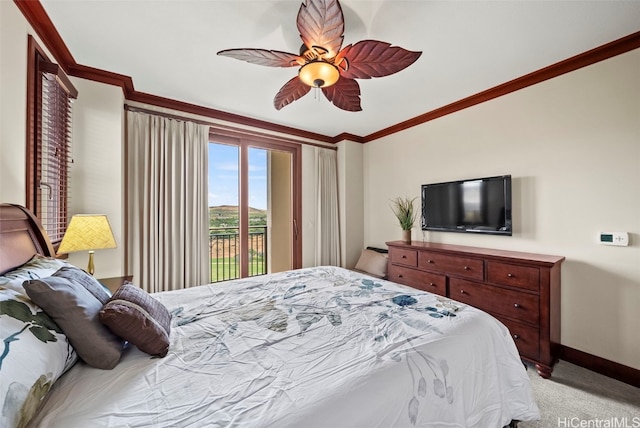 carpeted bedroom with access to outside, ceiling fan, and crown molding