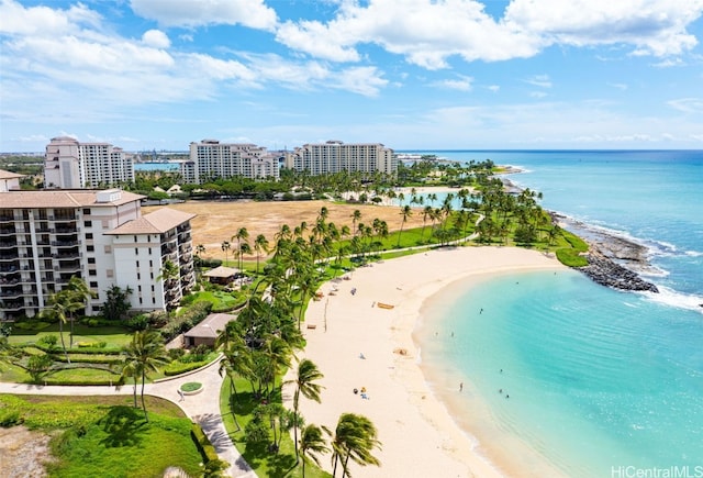 bird's eye view with a view of the beach and a water view