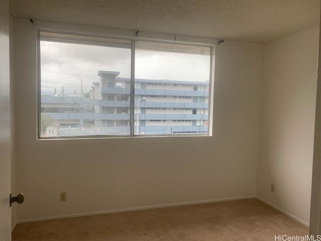 empty room featuring a textured ceiling and light colored carpet