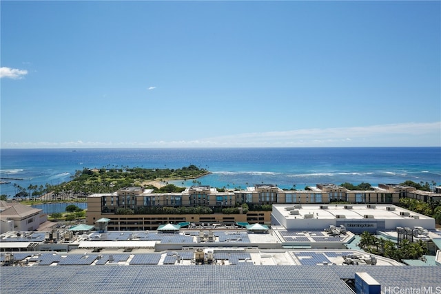 drone / aerial view with a water view