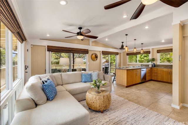 living room featuring vaulted ceiling with beams, light tile patterned floors, and ceiling fan