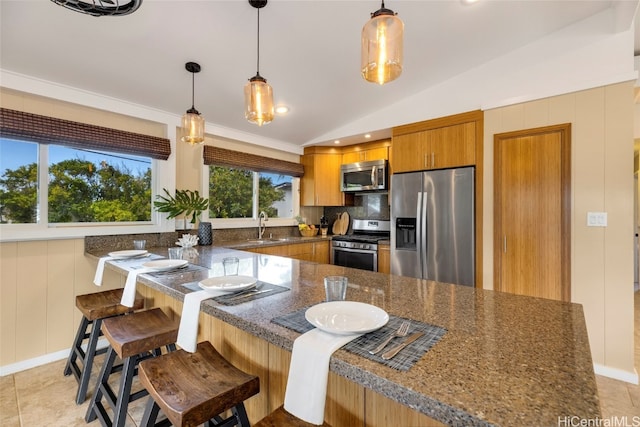 kitchen featuring stainless steel appliances, a kitchen bar, vaulted ceiling, and pendant lighting