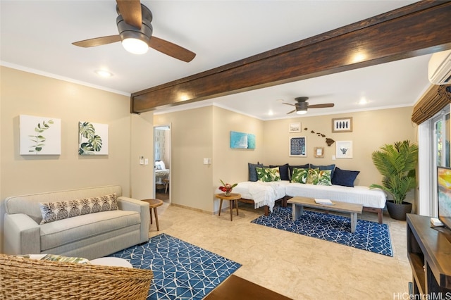 living room with beam ceiling, ornamental molding, carpet floors, and ceiling fan