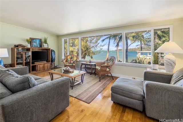 living area featuring crown molding, a healthy amount of sunlight, and light wood-style floors