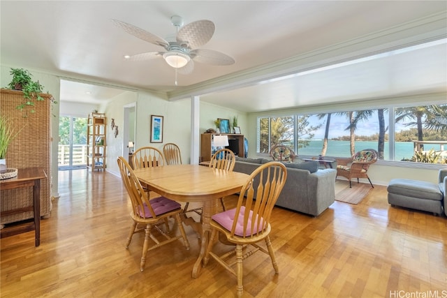 dining room featuring ornamental molding, a water view, ceiling fan, and light wood-type flooring