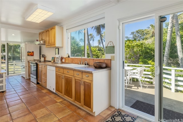 kitchen featuring light tile patterned flooring, stainless steel electric stove, sink, and white dishwasher