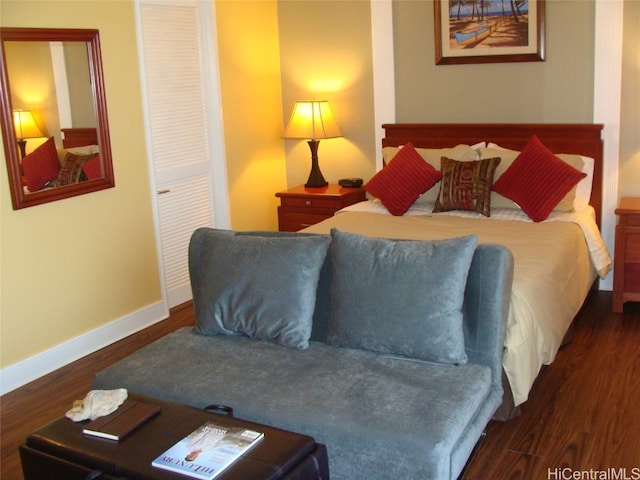 bedroom with a closet and dark hardwood / wood-style floors