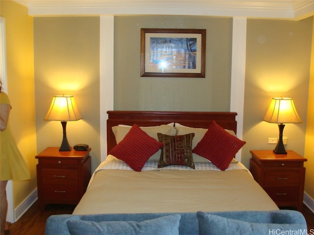 bedroom featuring crown molding and dark hardwood / wood-style flooring