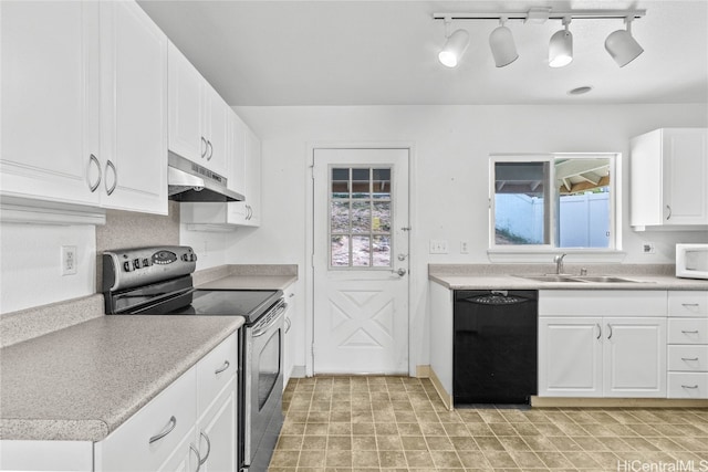 kitchen featuring stainless steel range with electric stovetop, dishwasher, sink, and white cabinetry