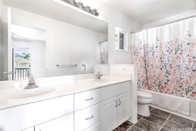 full bathroom with vanity, shower / bath combination with curtain, toilet, and tile patterned floors