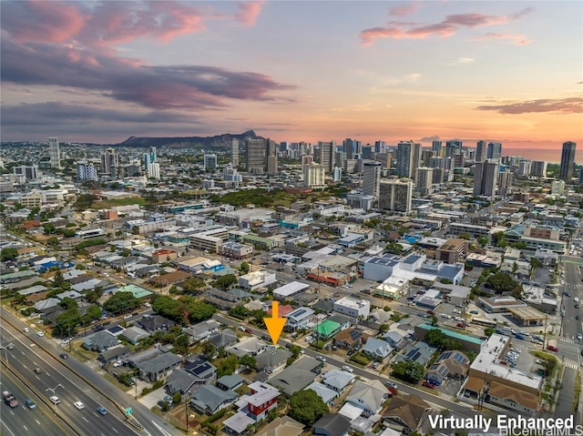 view of aerial view at dusk