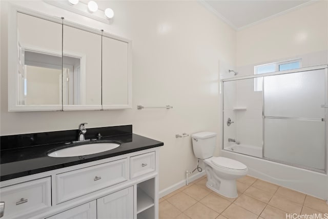 full bathroom featuring shower / bath combination with glass door, toilet, ornamental molding, vanity, and tile patterned floors