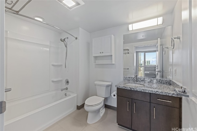 full bathroom with vanity, toilet, washtub / shower combination, and tile patterned flooring