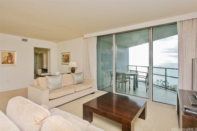 living room featuring light carpet