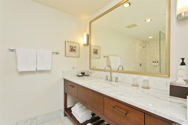 223 Saratoga Rd Unit 2607, Honolulu, HI 96815 - bathroom with vanity, a tile shower, and recessed lighting