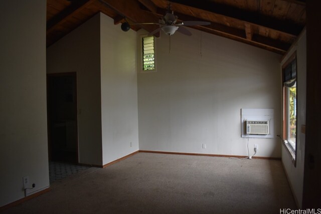 carpeted spare room with vaulted ceiling with beams, ceiling fan, wooden ceiling, and a wall mounted AC