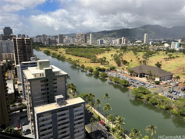 aerial view with a water and mountain view