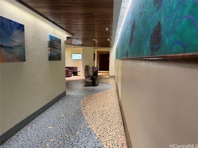 corridor with wood ceiling