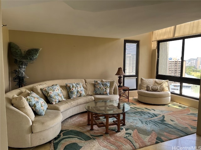 living room featuring light tile patterned flooring