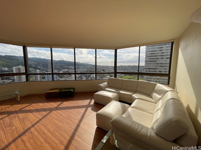 living room with a mountain view, a healthy amount of sunlight, and wood-type flooring