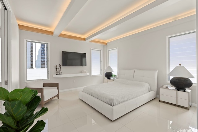 tiled bedroom featuring beamed ceiling