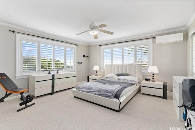 carpeted bedroom with ceiling fan, multiple windows, crown molding, and a wall mounted air conditioner