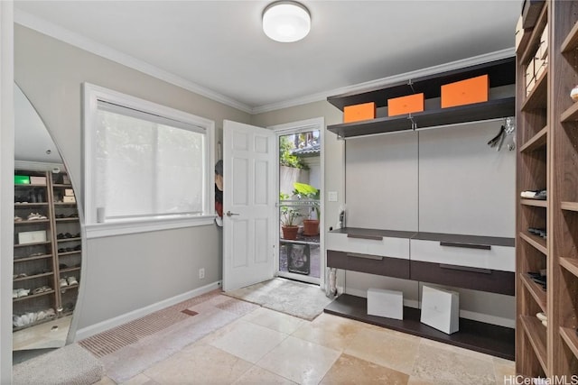 mudroom featuring ornamental molding