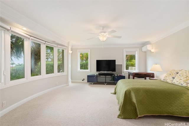 bedroom featuring a wall mounted AC, ceiling fan, carpet floors, crown molding, and multiple windows