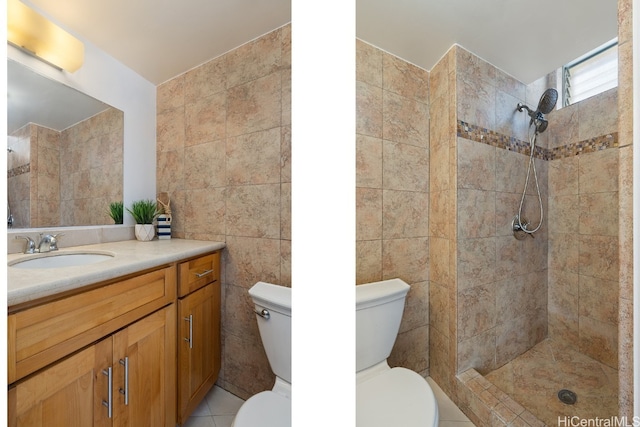 bathroom with toilet and tile walls