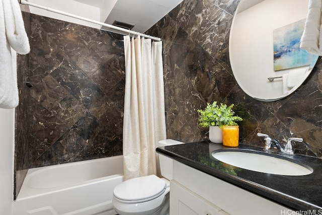 full bathroom featuring tasteful backsplash, shower / tub combo, toilet, tile walls, and vanity