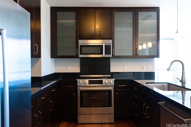 kitchen with dark wood-type flooring, dark brown cabinets, stainless steel appliances, and sink