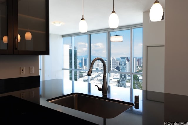 kitchen featuring sink, pendant lighting, and expansive windows