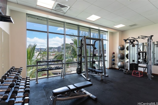 exercise room with a paneled ceiling and a wealth of natural light